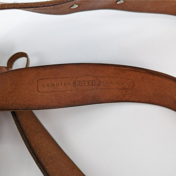Fossil Belt L 40in Brown Gold Tooled Genuine Leather Metal Buckle Accent Adjusts - Picture 2 of 10